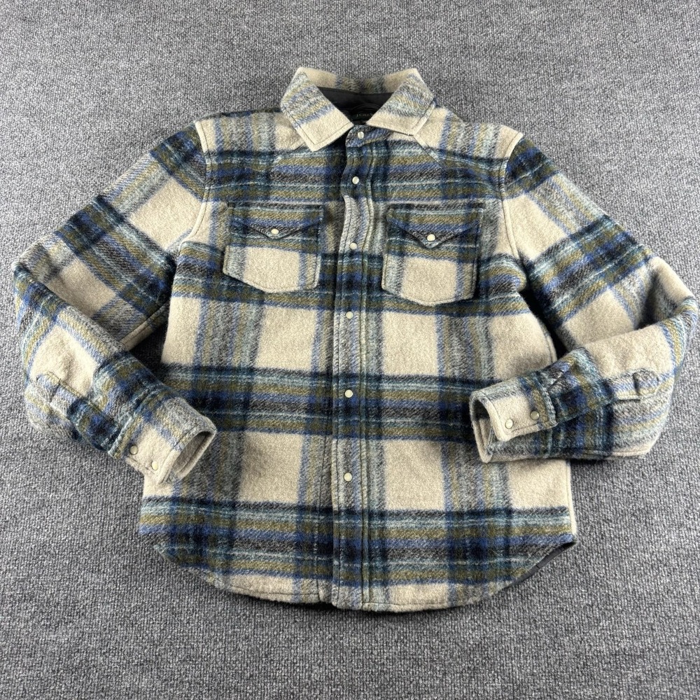 J.Crew Jacket Mens S Beige Plaid Wool Quilted Lined Snap Front Oarsman